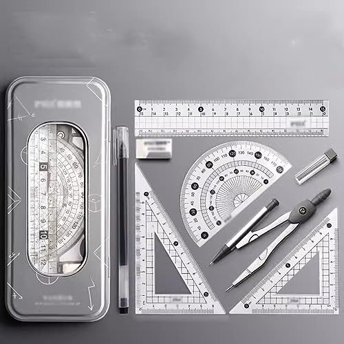 DUHTFCY Compass Geometry Kit Math Geometry Kit Set, 8 Pieces, with Storage Box, Student Supplies Drawing Compasses, Including Protractor, Ruler, Compass, Refill, Pen, Eraser Compass Set (A)