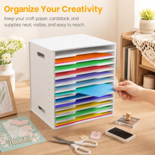 Timisea12 Tier Scrapbook Paper Organizer,White Cardstock A4 Paper Sorter Storage Rack,Scrapbook Organizer for Sizes 11" X 11" for Home Office & Classrooms,White Organizer Storage