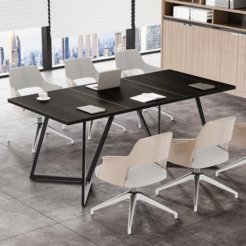 LITTLE TREE 70.86-Inch Conference Table for 8, Black Conference Room Table with Metal Base, Modern 5.9 ft Rectangular Table for Boardroom, Meeting, Conference Room