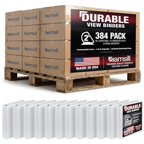 Samsill Durable 2 inch 3 Ring Binder, D Ring Binder, 100% Recycled Chipboard, White, Pallet of 384 Binders in 32 Cartons