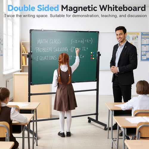 40x28 Inch Rolling Whiteboard,Adjustable Height Standing Easel Whiteboard/Chalkboard on Wheels,Large Magnetic Mobile Easel Board,Double-Sided with Stand for Office,Home Black 70x100 cm