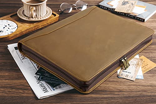 Genuine Leather Portfolio Binder, Vintage Leather Binder 3 Ring, Personalized Portfolio Organizer for Men & Women, Custom Padfolio Folder with Name/Logo Engraved (Khaki)