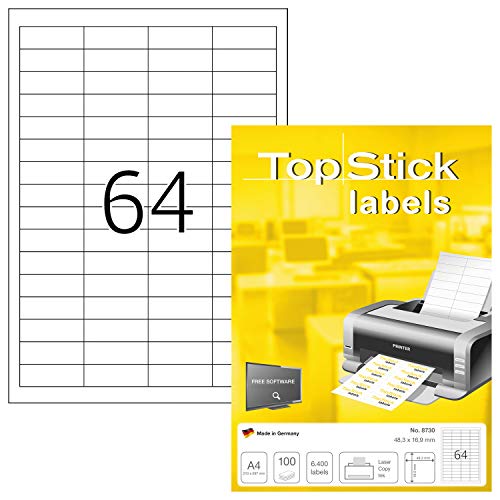 TopStick 8730 Multi-Purpose Labels, 64 Labels Per A4 Sheet, 48.3 x 16.9 mm, 64000 Labels, Self Adhesive, Mini Stickers for Laser and Inkjet Printers, White