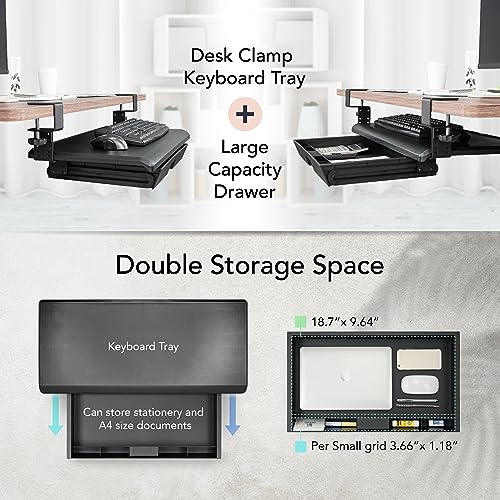 EHO Keyboard Tray with Drawer - Clamp On Under Desk Pull Out Extender Table Attachment Platform with Storage Organizer, Large 27.5" (31.8" Including Clamps) x 12.2", Height Adjustable for Home Office
