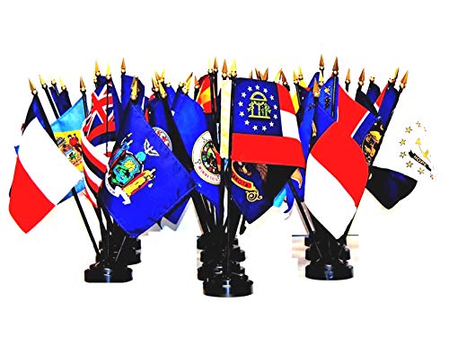 Made In The USA, 50-State World Flag Set with Bases-50 Rayon 4"x6" Flags, State Flag Centerpiece and ten 5-hole bases; 4x6 Miniature Desk & Table Banners, Small Mini Stick Flags
