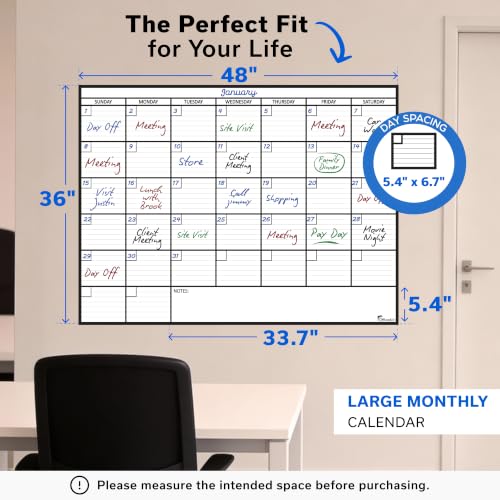 Large Dry Erase Calendar for Wall 36x48, Big Classroom Giant Month, Undated Reusable Family Monthly, Rolled Whiteboard White Board, Calendar Dry Erase Planner for Wall Erasable Large Office 48x36