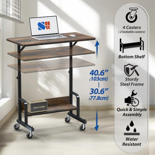 SHW Height Adjustable Mobile Standing Desk Laptop Cart, Rustic Brown