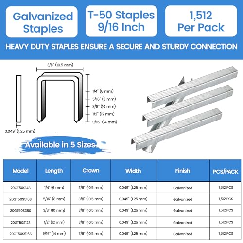 meite T50 Heavy Duty Staples, 9/16 Inch Galvanized T50 Staples for Staple Gun, 20 Gauge 3/8 Inch Crown Staple for Upholstery, Construction, Furniture (1 Case)