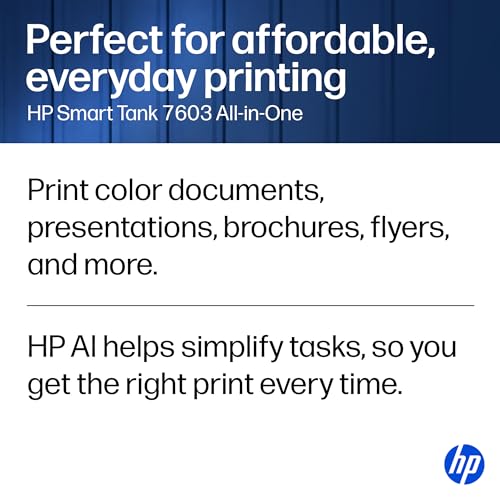 HP Smart Tank 7603 Wireless All-in-One Ink Tank Printer, Scanner, Fax, Copier with up to 3 Years of Ink Included, Best-for-Home Office, Cartridge-Free Refillable, AI-Capable (9B5D1A)