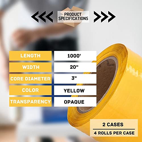 PSBM 8 Rolls Yellow Stretch Film/Wrap 20 Inch x 1000 Feet, 70 Gauge Heavy Duty Industrial Strength Shrink Plastic Wrap for Moving, Packing, Shipping, Pallet Wrapping & Storage