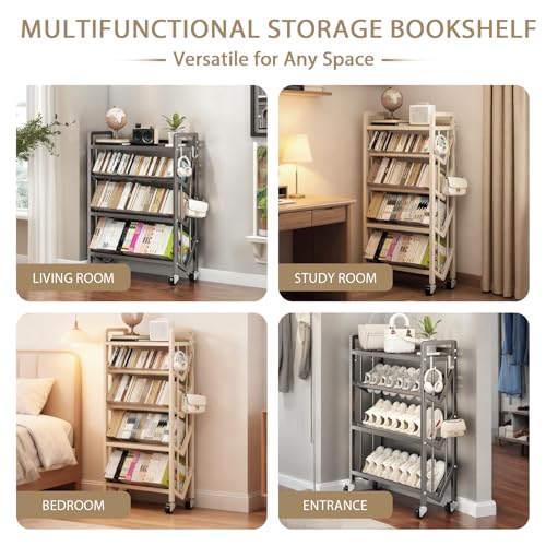 Multi-Layer Rolling Book Cart, Movable Bookshelf, L-Shaped Carbon Steel Mobile Book Carts with Wheels for Library, Office, Living Room, Bedroom, Classroom