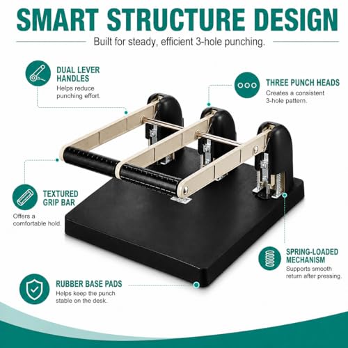 3 Hole Punch Heavy Duty, 150 -Sheet Three Hole Punch with Labor Saving Handle, Paper Feed Depth 12mm, Long-Lasting Durability, for Offices, Families, Study Rooms, Print Shops