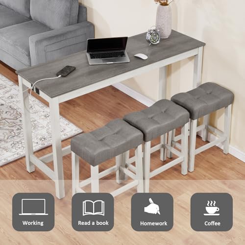 Ball & Cast 4 Piece Dining Table and Chairs Set with Charging Station, Farmhouse Wooden Kitchen Island-Table w/USB&Typc C&Power Outlet, 59" Behind Sofa-Table w/3pcs Upholstered Stools,White&Grey