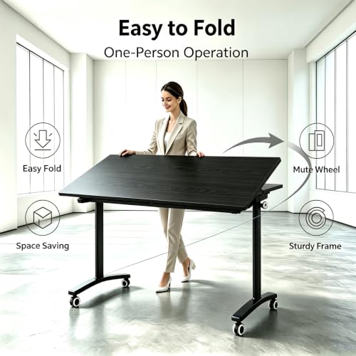 Modern Conference Table, Folding Conference Table with Wheels, Flip Top Mobile Meeting Table, Modular Seminar Training Room Table for Classroom,Seminar,Training Room,Black,47IN,2