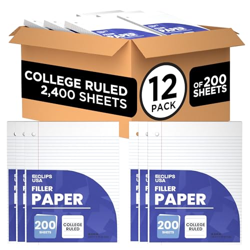 Loose Leaf Paper College Ruled Notebook Paper College Ruled Lined Writing Filler Paper 10.5” x 8” 2400 Sheets 200 Sheets Per Pack 60 gsm (12 Pack)