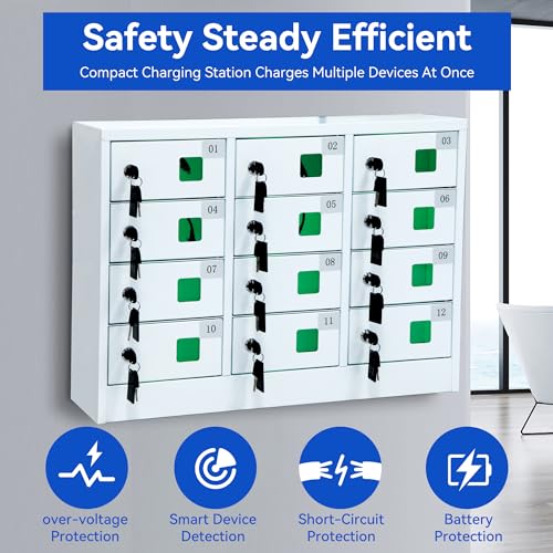 Bpatoimsx Secure and Convenient 12 Slots Cell Mobile Phone Metal Storage Cabinet Lockers with Charger Charging Station Cabinet and Key Lock White - Ideal for Students and Employees or Police Station