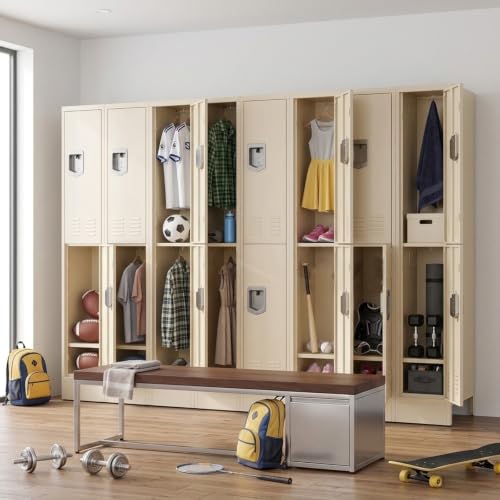 KAER 6 Door Metal Locker for Employees, Lockable Steel Locker Organizer, Heavy-Duty Storage Cabinet with Shelves and Hooks, Metal Storage Lockers for Home Office School Gym Garage, Beige