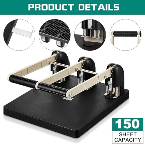 Manual 3-Hole Puncher, 3 Hole Paper Punch with Labor-Saving Handle, 150 Sheet Capacity & Paper Feed Depth 12mm, Long-Lasting Durability, for Offices, Families, Study Rooms, Print Shops