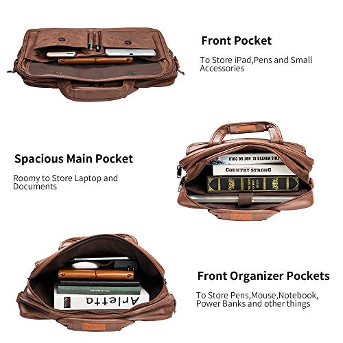 seyfocnia Mens Laptop Bag,17.3 Inch PU Leather Messenger Bag Water Resistant Business Travel Briefcase, Work Computer Bag Satchel Bag Husband（Brown）
