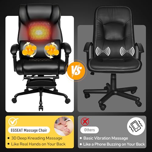 EGSEAT 3D Kneading Massage Office Chair with Heat, 500 lbs Big and Tall Executive Computer Desk Recliner, Leather Electric Heated Chair with Footrest, Black