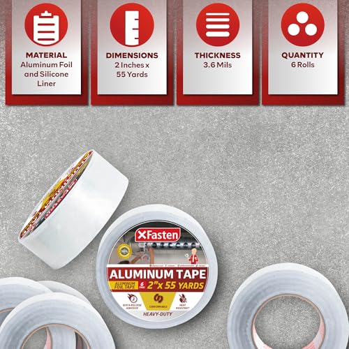 XFasten Aluminum Foil Tape for Ductwork 2 Inch x 55 Yard 6-Pack 3.6mil Aluminum Tape for Ductwork Heavy Duty Dryer Vent Tape Foil and Seal HVAC Tape for Ducts, HVAC Duct Tape, Silver