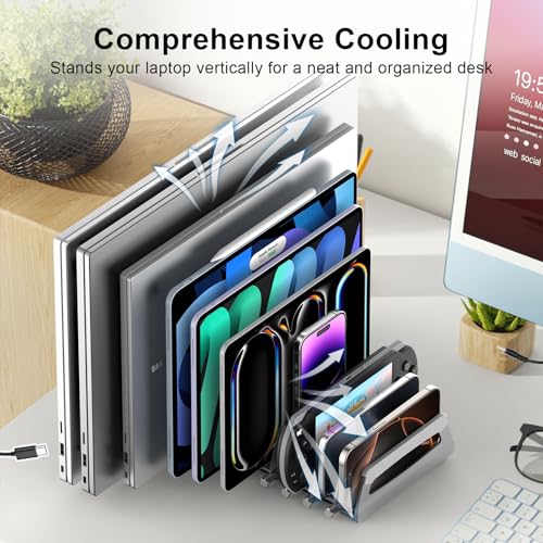 Elestoria 10-Slot Vertical Laptop Stand & Holder – Adjustable Aluminum Laptop Stand Vertical for Desk Fits 10 Devices, MacBook & Gaming Laptops (Up to 17.3”) – Space Saving Laptop Storage Rack - Grey