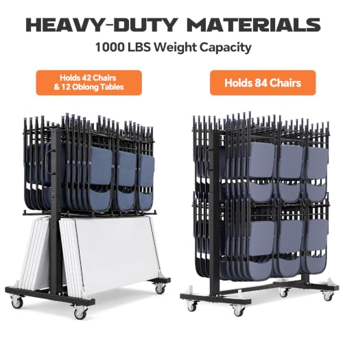 INNOVART Two-Tier Folding Chair and Table Combo Cart, Heavy Duty Stacking Chair Dolly with Wheels, 84-Chair Capacity Foldable Seat & Table Wheeled Storage Dolly for Commercial Event Hotel Party Use