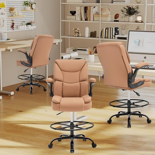 Ergonomic Drafting Chair, Tall Office Chair for Standing Desk, High Back Standing Desk Chair with Flip-Up Armrest, Adjustable Height&Foot Ring, Executive Extended Height Office Chairs,PU Leather Brown