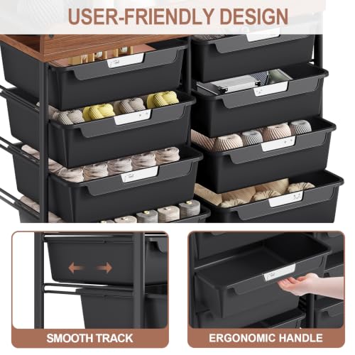 10 Drawers Rolling Cart with Wooden Tabletop, Utility Storage Cart with Wheels, Art Supply Craft Organizer on Wheel with Metal Frame & Handles for Home Office School,Black