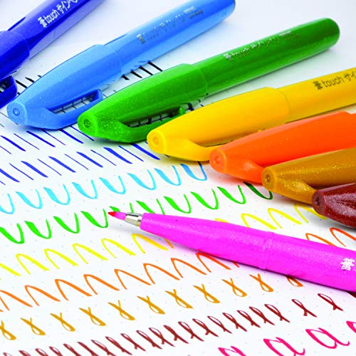 Pentel Arts Sign Pen Touch, Fude Brush Tip, 12 Assorted Colors in Marker Stand (SES15CPC12)