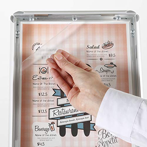 M&T Displays Curved Menu Board, 11x17 Inch Pedestal Sign Holder with 8.5x11 Inch Brochure Holder Silver Floor Standing Aluminum Front Loading Easy Open Poster Message Advertisement Post