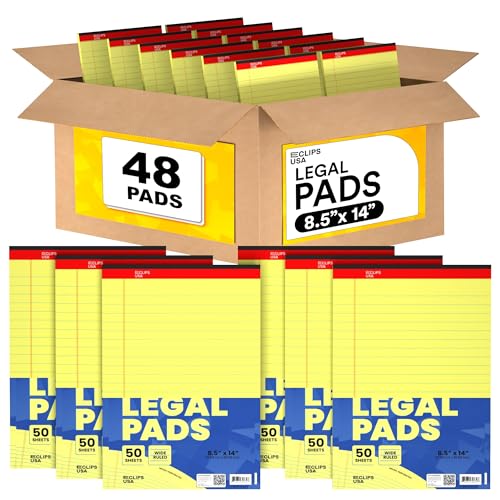 E-CLIPS USA Notepads, Legal Pads, Note Pads 8.5 x 14, Legal Wide Rule Notepad, Canaray, Chipboard Back, Writing Pad, Office Supplies, 50 Sheets Per Pad, Bulk (48 Pack)