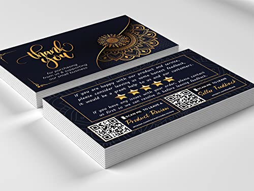 Amazon Thank You for Purchase Cards with Feedback Request & QR Code Link - 2" x 3.5" - Business Card Size - Small Business - Online Store Retailer - Package Inserts (5000 Cards, Black/Gold Mandala)