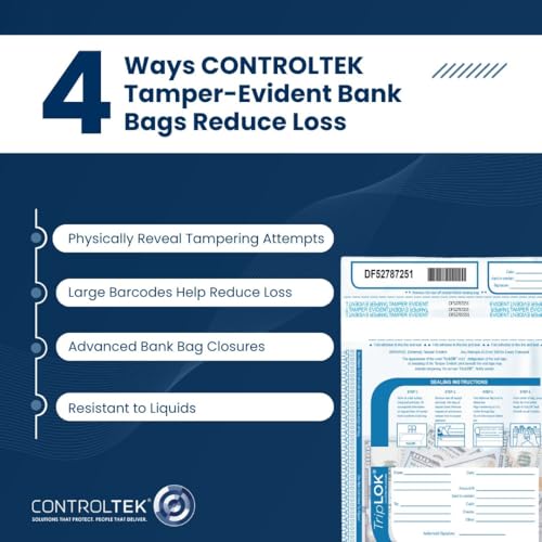 ControlTek TripLok 19" x 24", White, 50 Bags, Tamper-Evident Deposit Bags for Cash Handling & Valuables, Moisture, Heat and Cold Sensitive Ink, Tear-off receipt + Large Barcodes 585058