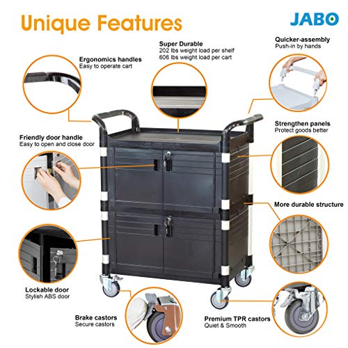 JaboEquip Double Lockable Door Medical Cart [ JaboEquip ] Cabinet Utility Cart with 2 Lockable Doors for Hospitality School Lab cart Service Cart, L34.43xD19.69 inch JABO cart, Black