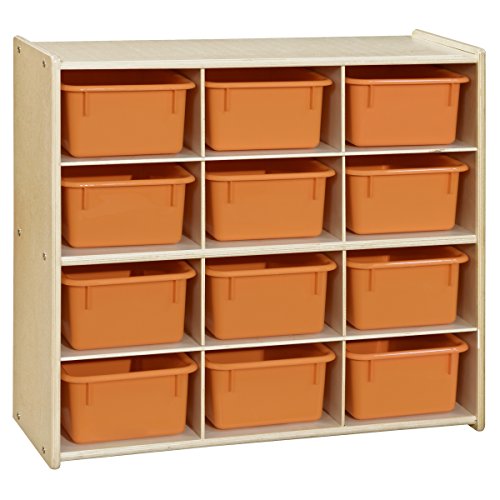 Contender 12 Compartment Kids Cube Locker Shelf with Orange Bins, Hardwood Montessori Shelves Organizers for Daycare, Nursery, Offices, Backpack Shelving Unit