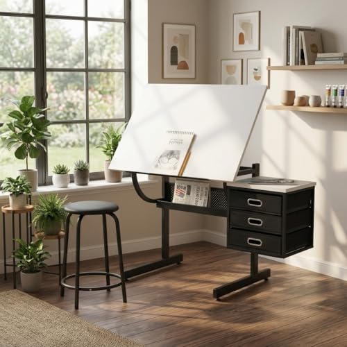 WZONICE98 Adjustable Drafting Table with Stool & 3 Drawers, 45.27" Tilting Drawing Desk, Height Adjustable Art Table for Crafting, Reading, Writing, White Desktop with Black Frame