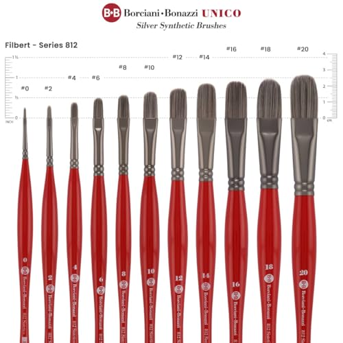 Borciani e Bonazzi Unico Silver Synthetic Series 812 Paint Brush, Filbert 14 - Medium Handle Paintbrush Handcrafted in Italy, Cruelty-Free, Acrylic, Oil, Watercolor