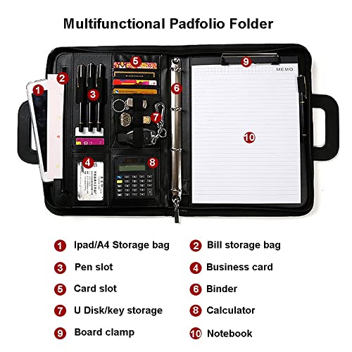 GFHSKRPL Business Portfolio Retractable Handle Portfolio Folder Pu Leather Zipper Binder with Calculator Notbook Organizer(E)
