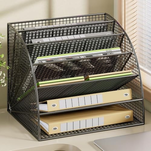 File Organizer Fan-Shaped 6 Compartment Desktop Mesh in Tray Office Desk Tidy A4 File Holder Desk(White)