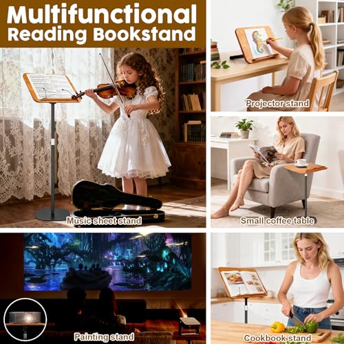 2 in 1 Dual-use Music Stand & Desktop Book Stand, Adjustable Height 16.5"-51", 100% Solid Wood Laptop Floor Stand Book Holder with Elastic Page Clips for Cookbooks (Brown)