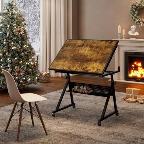 Japovker Drafting Table Art Table Adjustable Drawing Table Tilted Tabletop, Craft Table with Storage and Side Trays, Crafting Desk for Painting Diamond Reading Writing Study (Black C)
