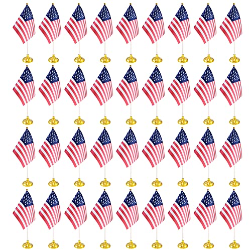 BCLin 36 Pack USA US Desk Flags,Small Mini American Deluxe Table Flags Set with Stand Base，8.2 x 5.5 inches Miniature Desktop Flag