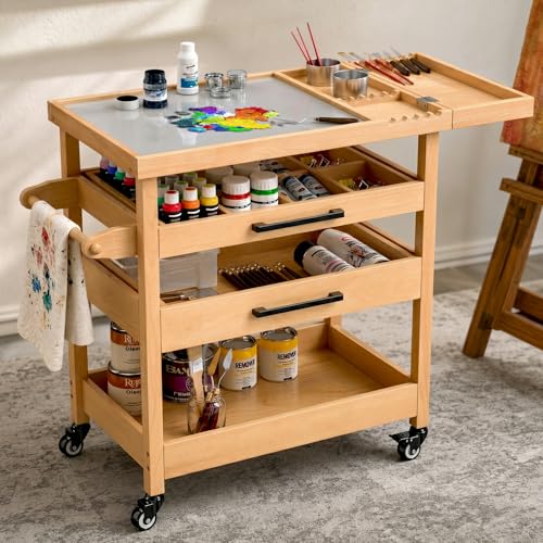 GDLF Solid Beech Wood Art Cart, Artist Taboret with Tempered Glass Palette
