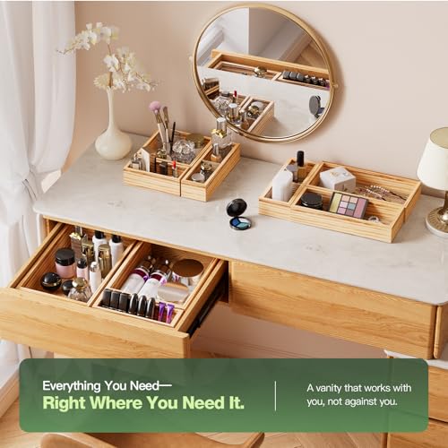 9-Pack Solid Wood Junk Drawer Organizer, Modular Desk Drawer Tray & Accessories with Non-Slip Pad, Multi-Use for Kitchen, Office, Bedroom Dresser, Utensil, Makeup, Stationery, Tea Bags & Coffee Pod