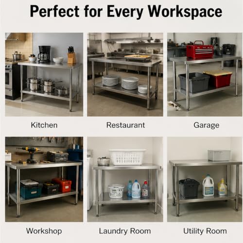 Stainless Steel Work Table, 24 x 48 Inch Heavy-Duty Prep Table with Undershelf and Reinforced Supports for Kitchen, Restaurant, Garage, Workshop, and Laundry Room