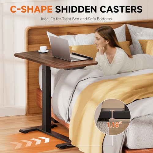 COMHOMA Tiltable Mobile Small Standing Desk, Pneumatic Adjustable Height Overbed Bedside Table with Wheels, Sit Stand Portable Rolling Laptop Desk Computer Workstations, Walnut