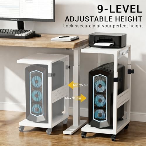 Takywep Adjustable Height Mobile Computer Tower Stand with Wheels - 2-Tier Rolling Under Desk CPU and Printer Cart - Wood Top & Metal Frame - White