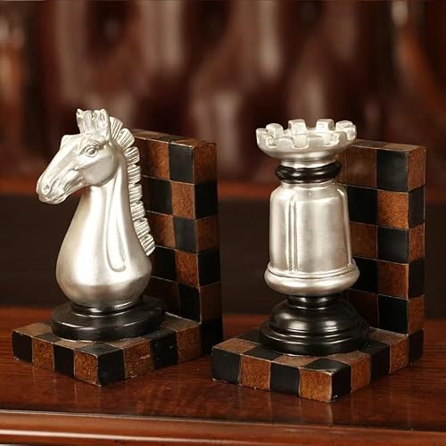 Decorative Chess Piece Bookends, Silver and Black, Resin, Home Office Decor, Set of 2
