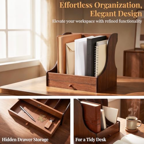 Wooden Desk File Organizer with 5 Vertical Rack & Drawer for Office & Home